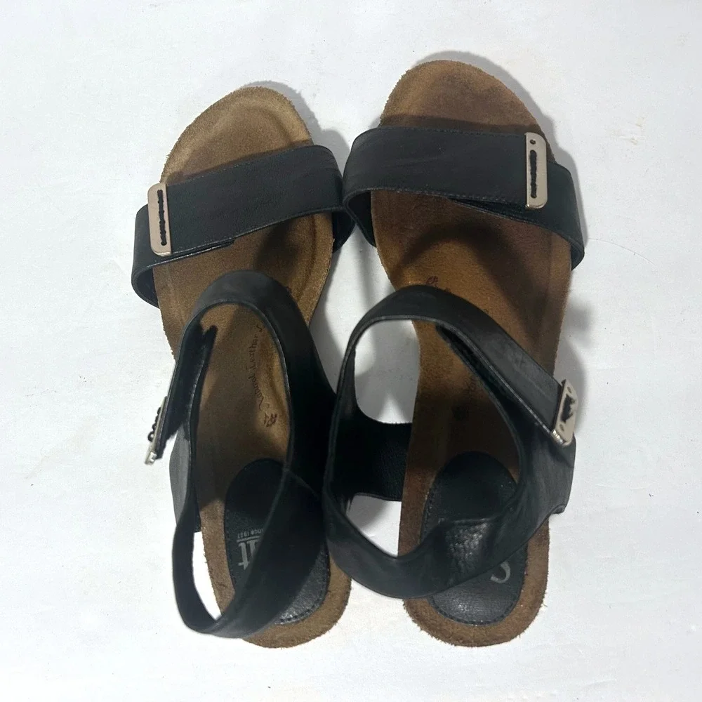 Sofft Wedge Sandals Womens 8M Black Leather Ankle Strap FS0002001 Comfort Boho